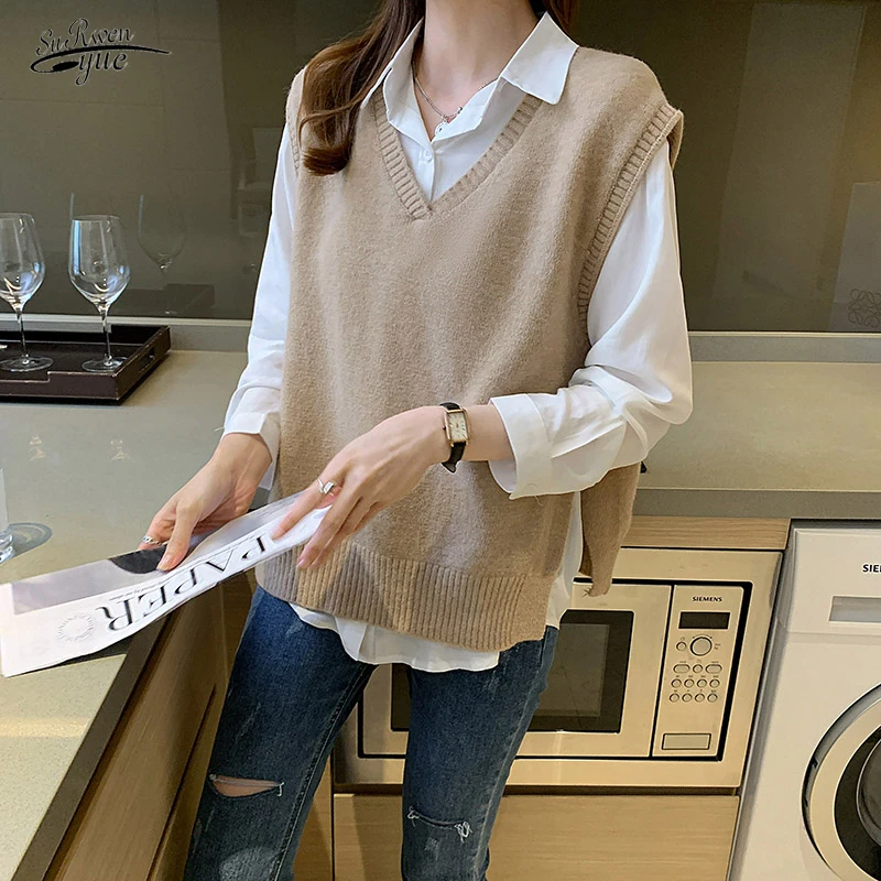 

2021 Sleeveless Cashmere Vest Loose Sweaters Knitted Jumpers Pull Femme V-neck Pullover Sweater Vest Women Autumn Winter 16828