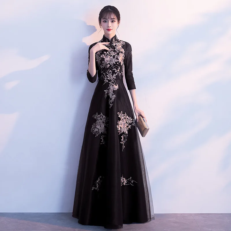 Fashion High Neck A Line Evening Dress 2020 Elegant Half Sleeve Appliqued Zipper Back Formal Party 2 Colors Available | Свадьбы и