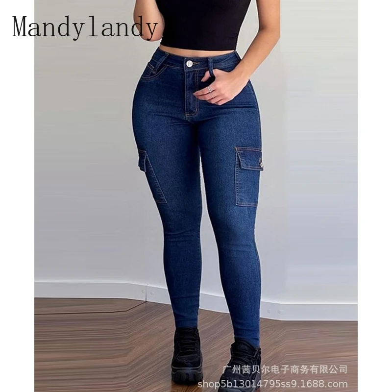 

Джинсы Mandylandy Женские повседневные на пуговицах, джинсовые брюки-карандаш с высокой талией, осенние модные однотонные джинсы с карманами