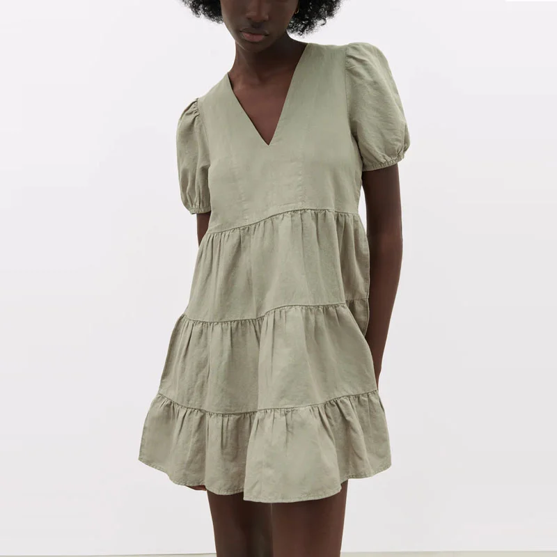 

Za 2021 Summer Linen Mini Dress Woman V-neck Short Puff Sleeve Ruffled Hem Vintage Dresses Woman Fashion Pleated Green Dress