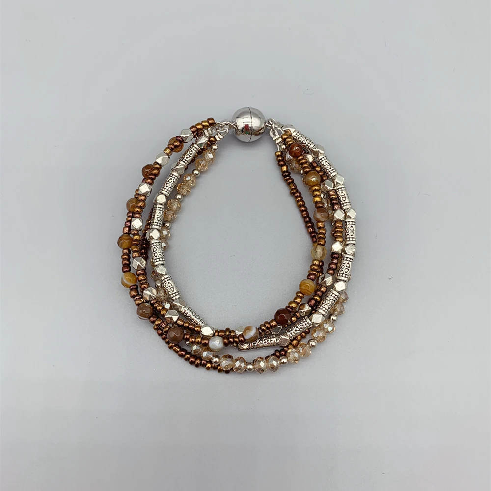 

FoLisaUnique 5 Strands of Brown Agate Bracelet For Women Girls Gifts 7.5 Inches With Champagne Crystals Antique Silver Beads