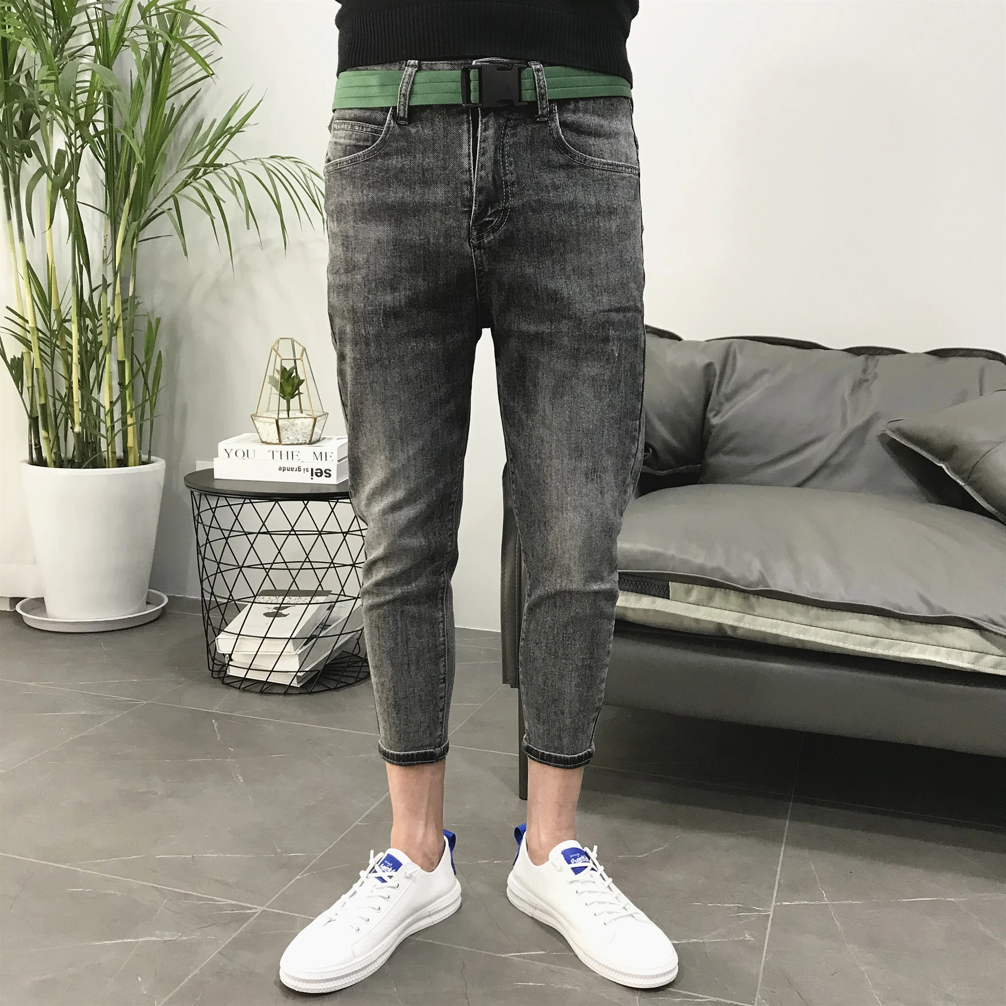 

Send Belt Gray Embroidery Micro-span Feet Slim Pencil Jeans Men's Tide Spring And Autumn Korean Tooling Casual Youth Trousers