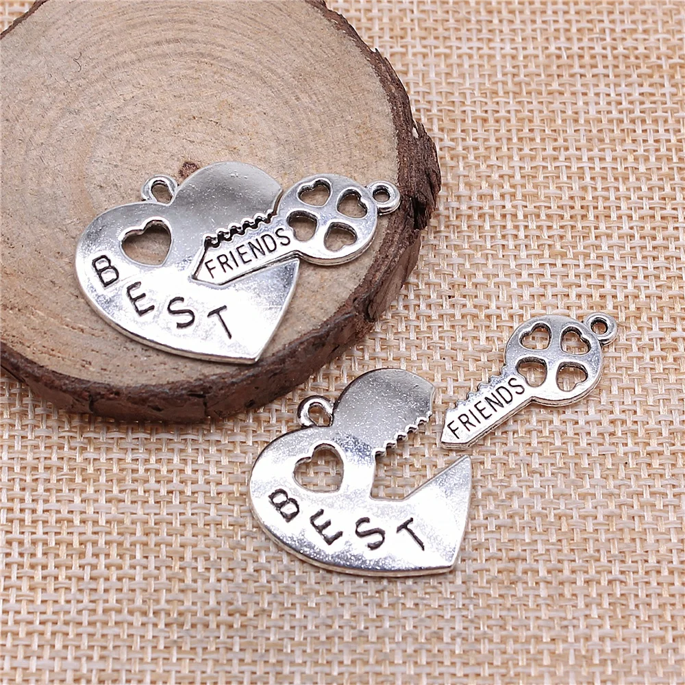 

13pcs 36x25mm antique silver best friend heart key charms diy retro jewelry fit Earring keychain hair card pendant