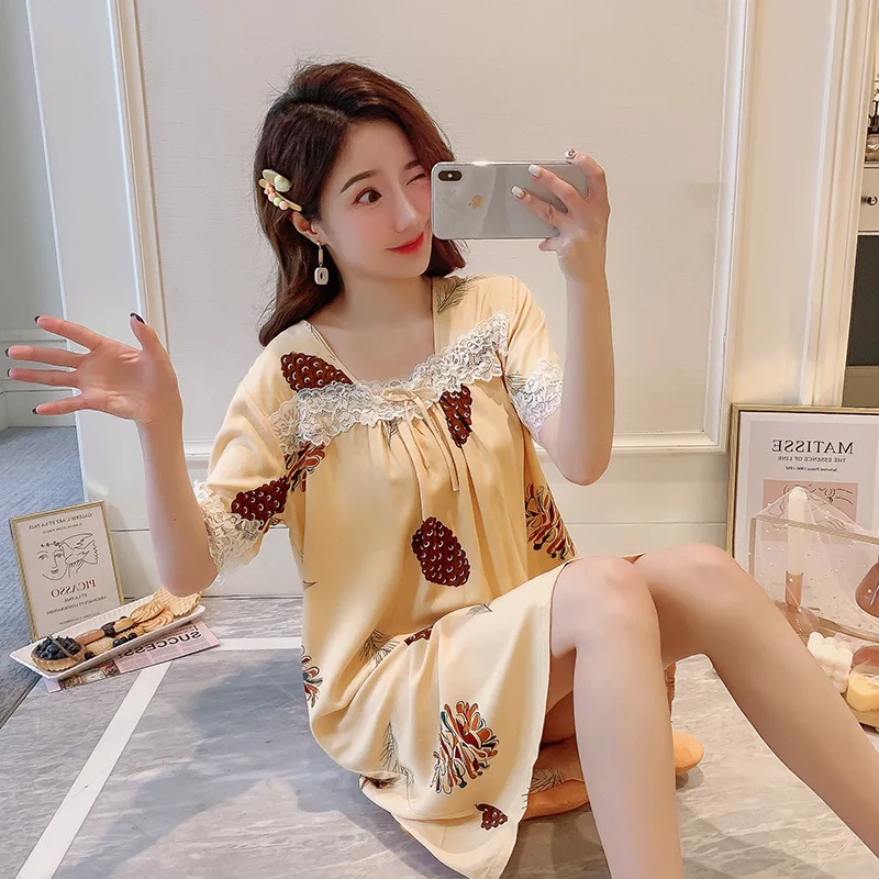 

Printing Women Sleepwear Short Home Dressing Gown Intimate Lingerie Lady Flower Cotton Nightwear Cute Soft Lave Nightdress