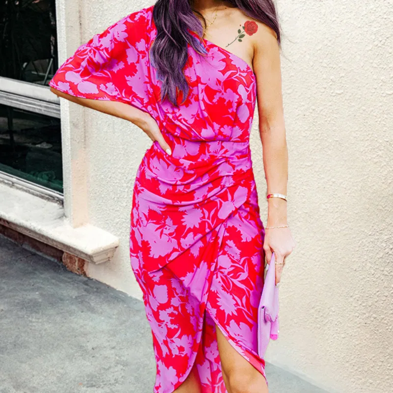 

Women's wear 2021 summer new fashion slant shoulder slim tie split buttock Jumpsuit mid long dress Free shipping
