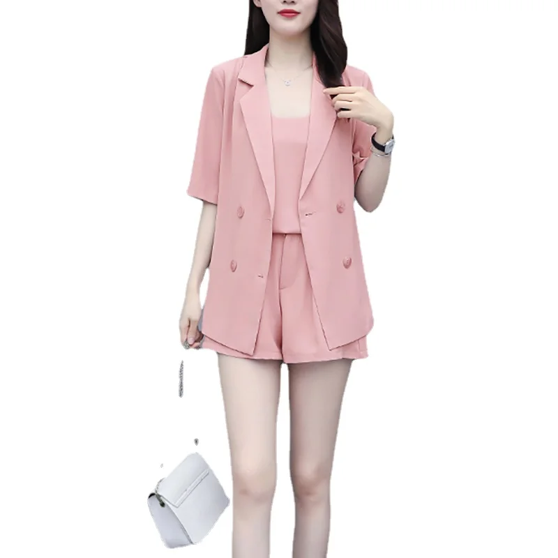 

4XL Pink Shorts Sets Vintage Women Blazers 2021 New Summer Casual Office Lady Blazer Suits Female Elegant Three-piece Suit Mujer