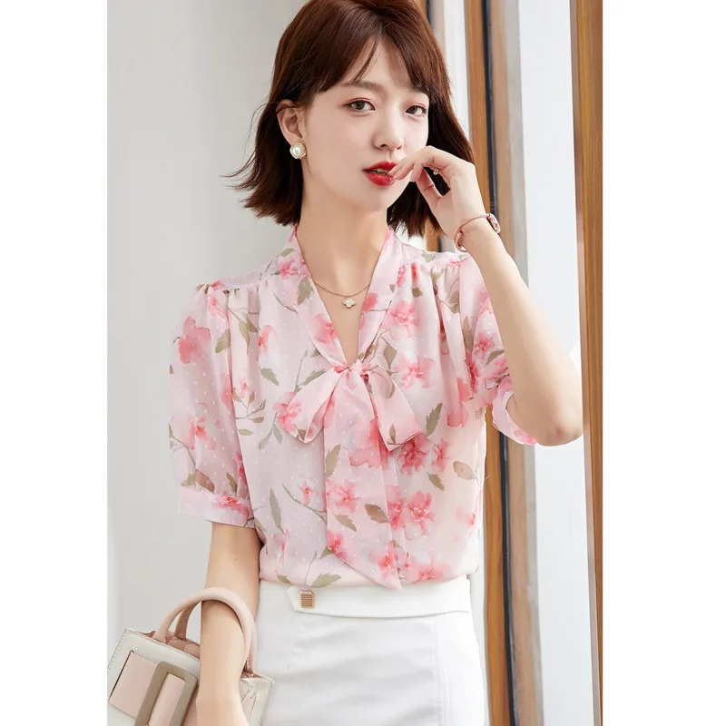 

Floral Print Chiffon Ruffle Blouse Shirts Office Lady 2021 Summer Short Sleeve Slim Blouses Women Sexy Tops Female Blouses