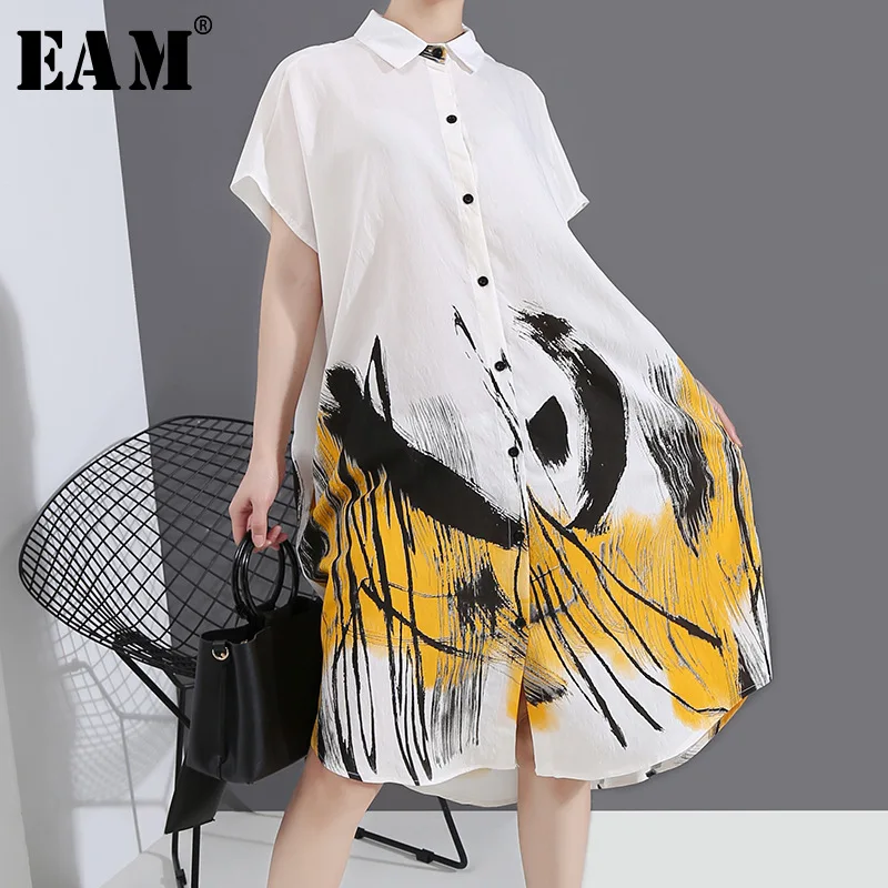 Женское платье с коротким рукавом EAM белое свободного кроя отложным воротником