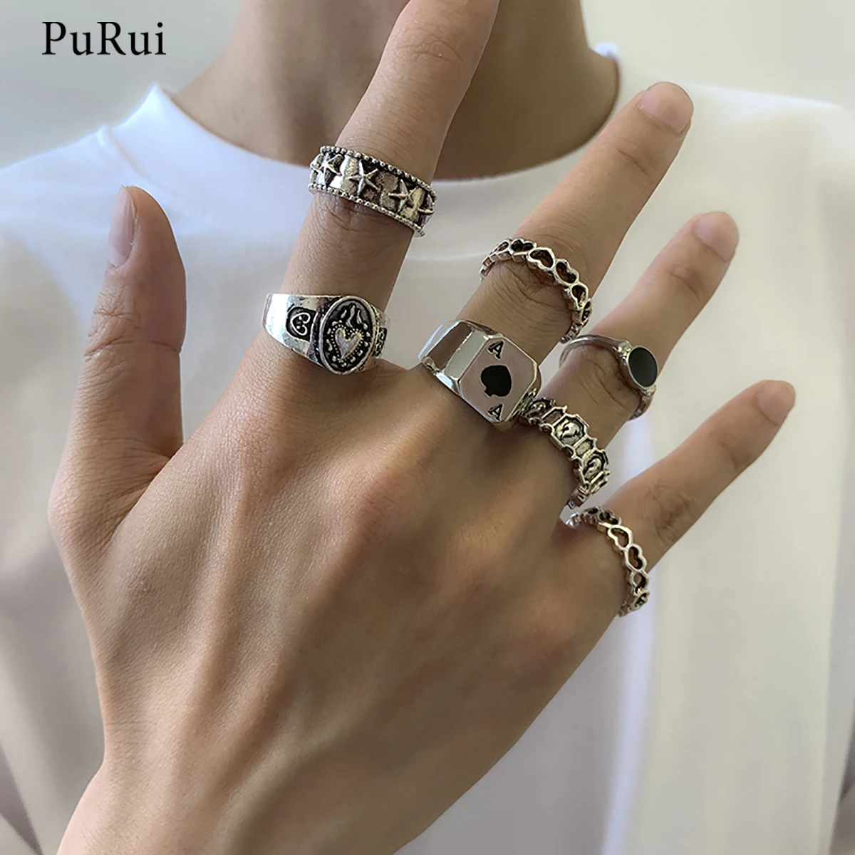 

PuRui Punk Knuckle Ring Set for Women/Men Silver Color Vintage Stackable Finger Ring 2021 Trendy Jewelry Cocktail Ring Solitaire