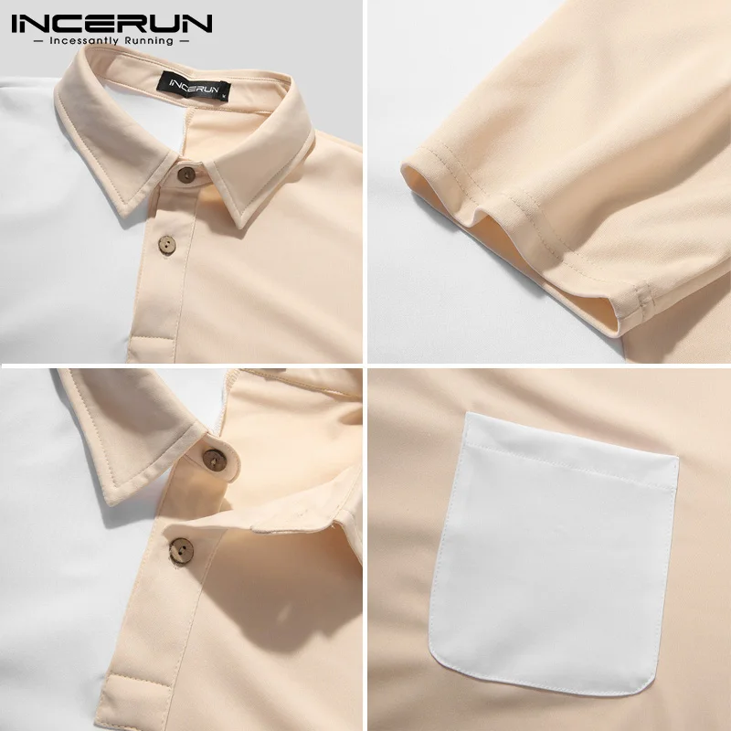 

Korean Male Turn Down Collar Loose Blusas Streetwear INCERUN Men Casual Patchwork Shirt Spring Long Sleeve Pockets Blouse 3XL 7