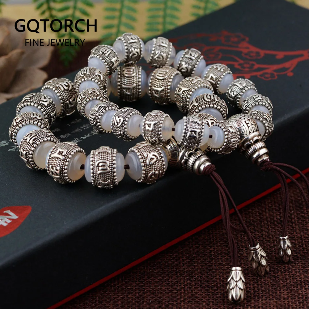 Ом Мани Падме Хум браслет Халцедон инкрустированный 925 серебро натуральный