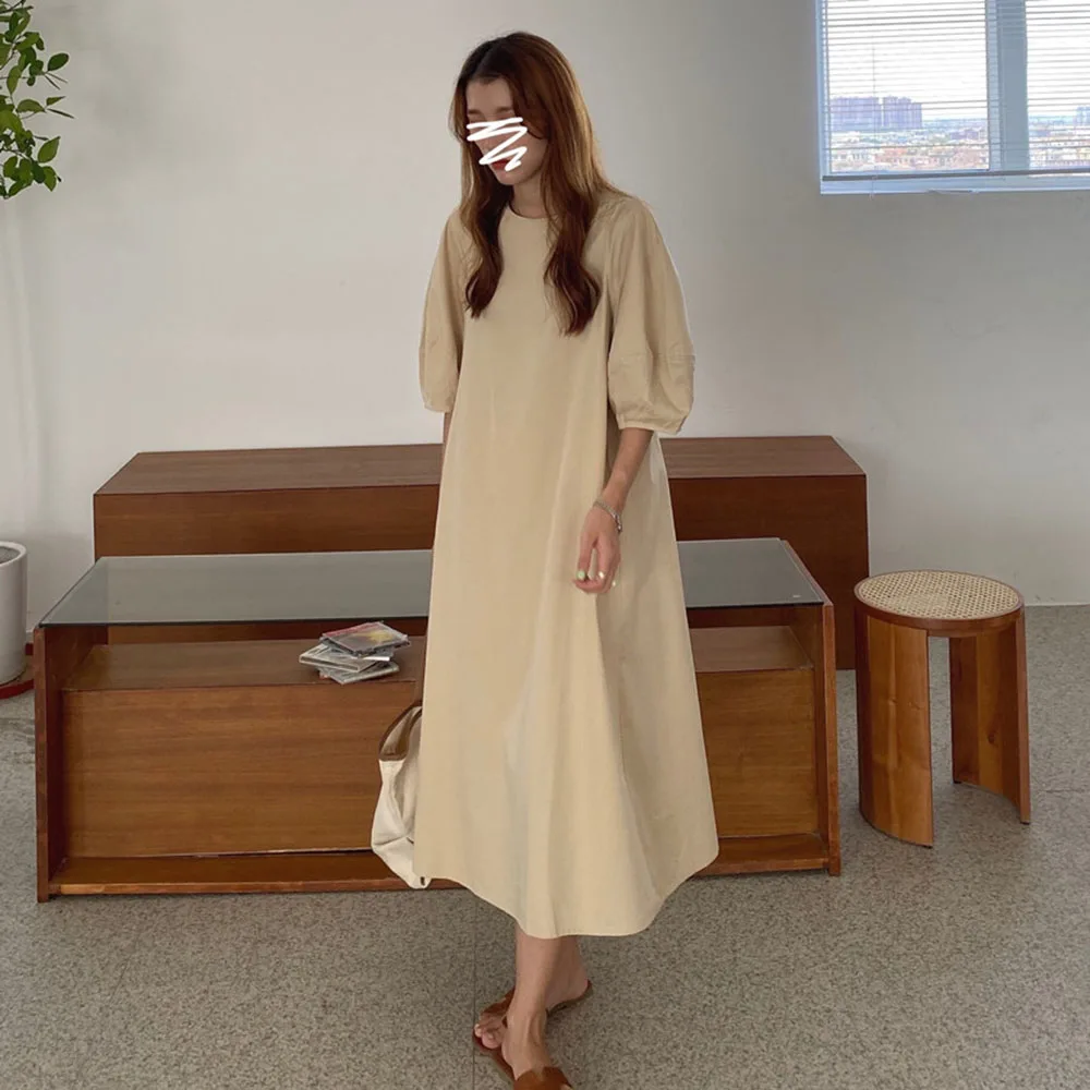 

Japanese Style Fashion Summer Women's Dress 2021 New Loose Loose Elegant Simple Temperament Solid Color Round Neck Puff Sleeve