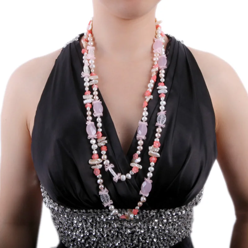 

JYX 828 Pink Rose Quartz Necklace 8-9mm Natural Freshwater coral crystal women gift 64"