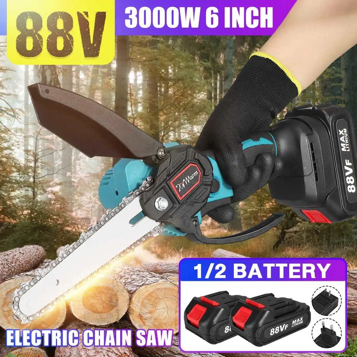 

3000W 6 Inch 88V Mini Electric Chain Saw With 2Pcs Battery Woodworking Pruning Chainsaw One-handed Garden Logging Power Tool