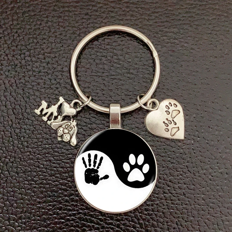 

Fashion cute animal paw print keychain cat dog I love glass pendant mini heart keyring car key man girl favorite gift souvenir