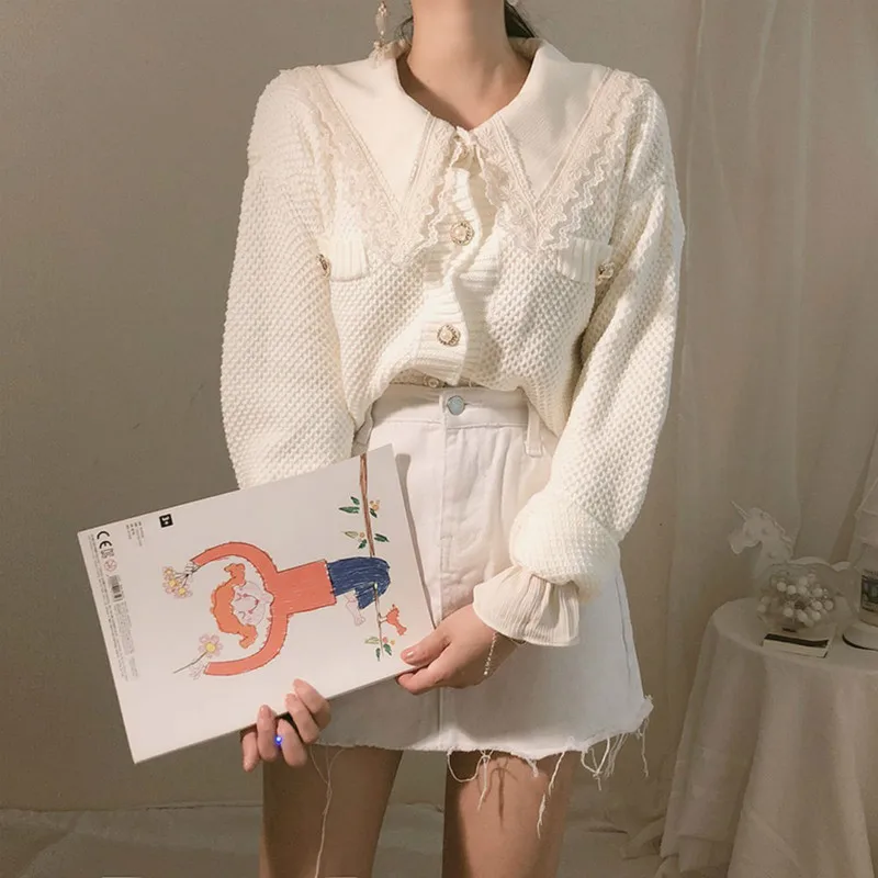 Women Autumn Winter Long Sleeve White Sweater Pearl Button Elegant Knitted Cardigan Pull Femme Jersey Mujer Swetry Damskie |