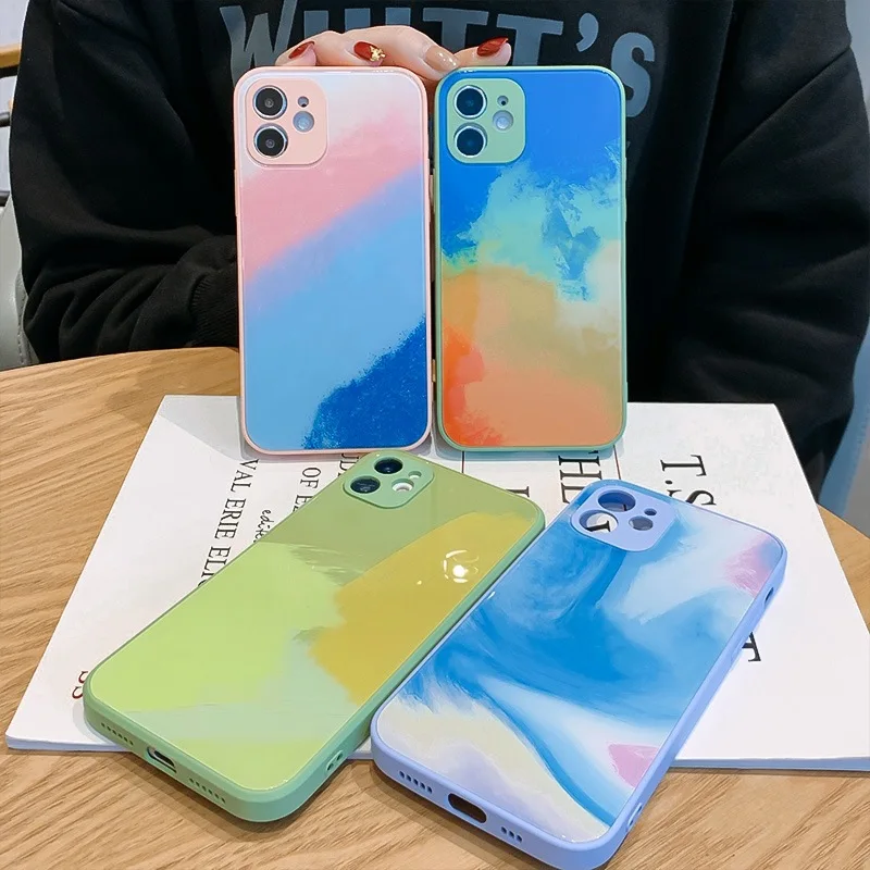 

The new watercolor liquid glass phone case is suitable for Apple iphone 11 12 pro max xs max xr se xs 7 8 plus protective case