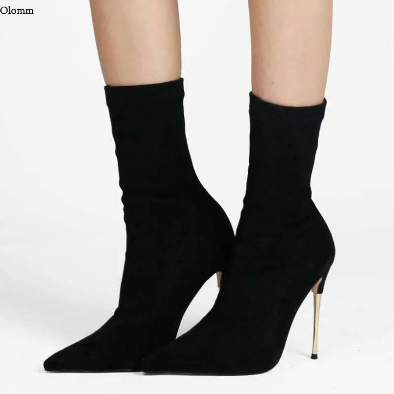 

Olomm New Fashion Women Spring Soccer Ankle Boots Metal Thin Heels Pointed Toe Black Yellow Red Party Shoes Women US Size 5-13