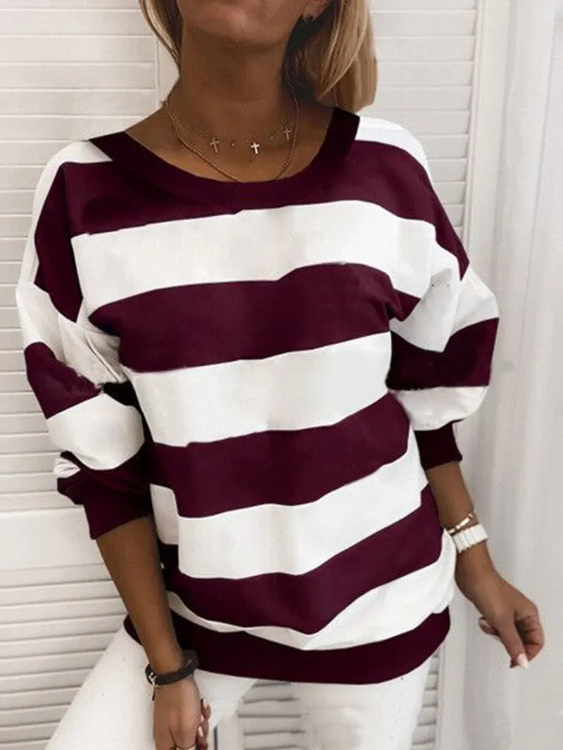 

New Arrival Fashion Women Horizontal Stripes Pullover Long Sleeve Round Neck T-shirt Autumn and Winter Loose Sweater