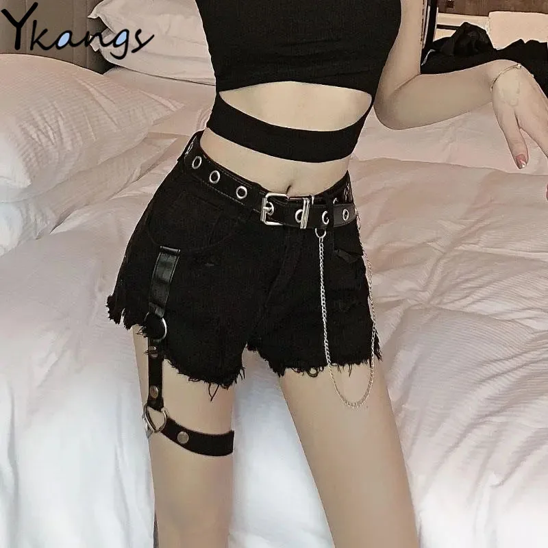 

With Belt Chain 2021 Summer Vintage Cargo Shorts Joggers Women Gothic Streetwear Hip Hop Korean Elastic High Waist Shorts Female