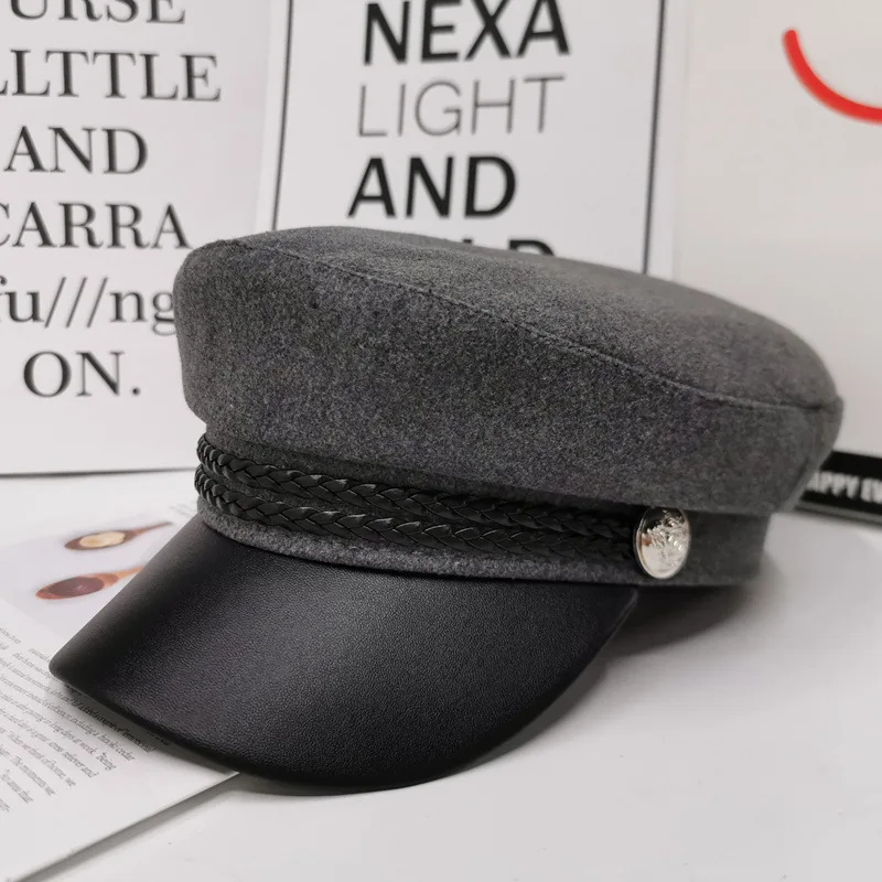 Grey Woolen Британский стиль, военная шапка из искусственной кожи, осенне-зимняя шерстяная шляпа моряка для женщин, черная плоская Женская кепка для путешествий, Кепка Капитана - Цвет: Grey Woolen