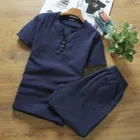 Традиционный китайский комплект одежды для мужчин, рубашка с V-образным вырезом и короткими рукавами, брюки, льняная рубашка, шорты с коротким рукавом, комплект из двух предметов