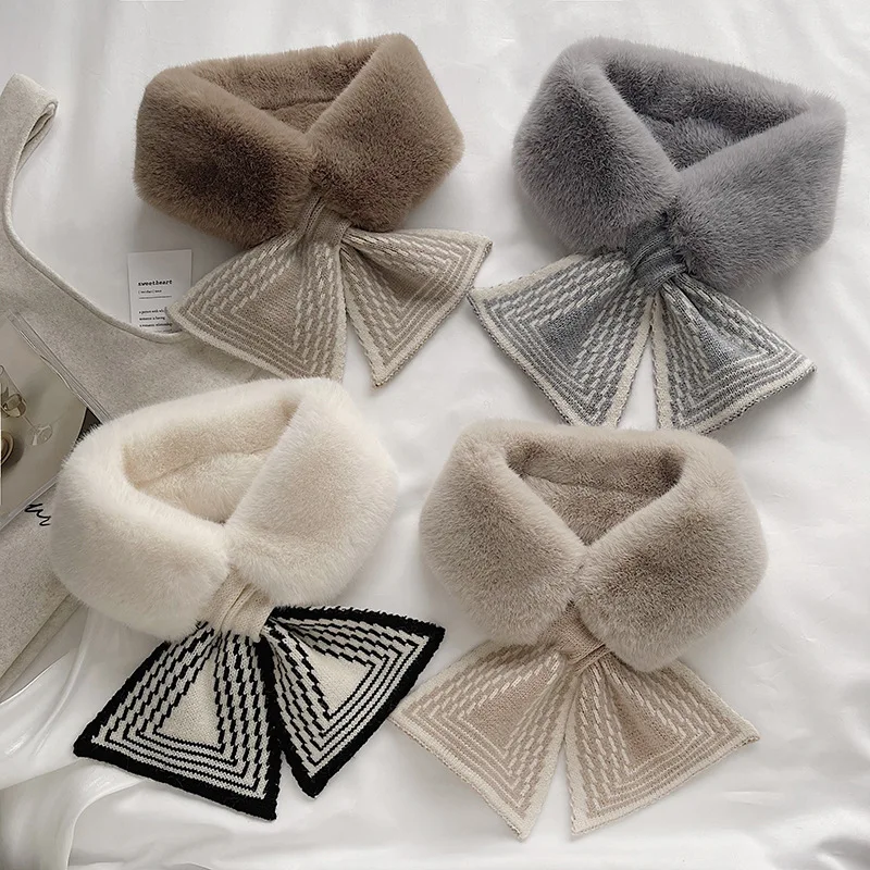 

2022 new scarf female autumn and winter ins wild Korean version of plush faux rex rabbit fur collar striped thickened warm neck