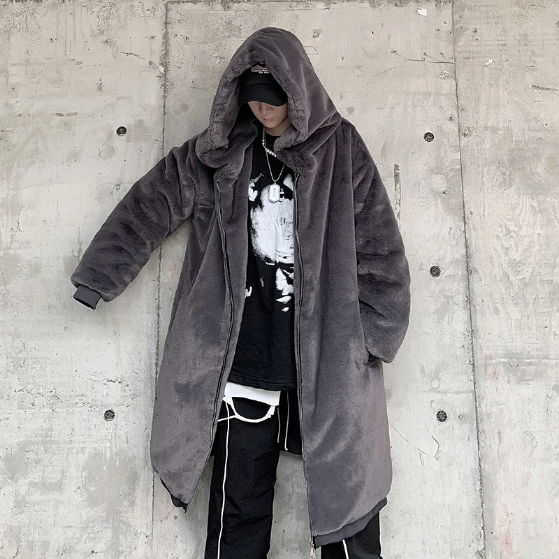 Mens Winter Thick Puffer Jackets for Teens Gothic Clothing Japanese Fashion Trends Faux Rabbit Fur Long Coat Harajuku Streetwear