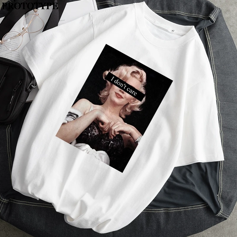 Я Дэн't Care 90s Harajuku Ulzzang эстетическое Мэрилин Монро с коротким рукавом больших