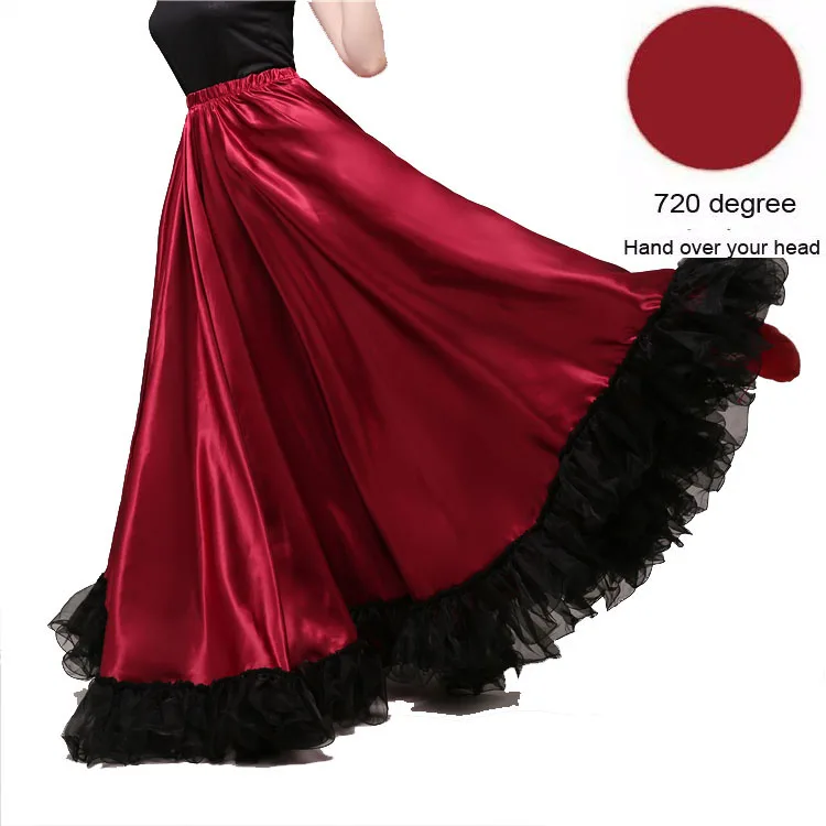 Wine red 720 degree Модная Великолепная Женская юбка для танца живота размера плюс, платье для испанского фламенко, одежда для команды, кружевная атласная одноцветная гладкая юбка - Цвет: Wine red 720 degree