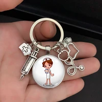 newhigh quality 1 piece nurse medical syringe stethoscope image keychain glass cabochon and glass dome key ring pendant gift