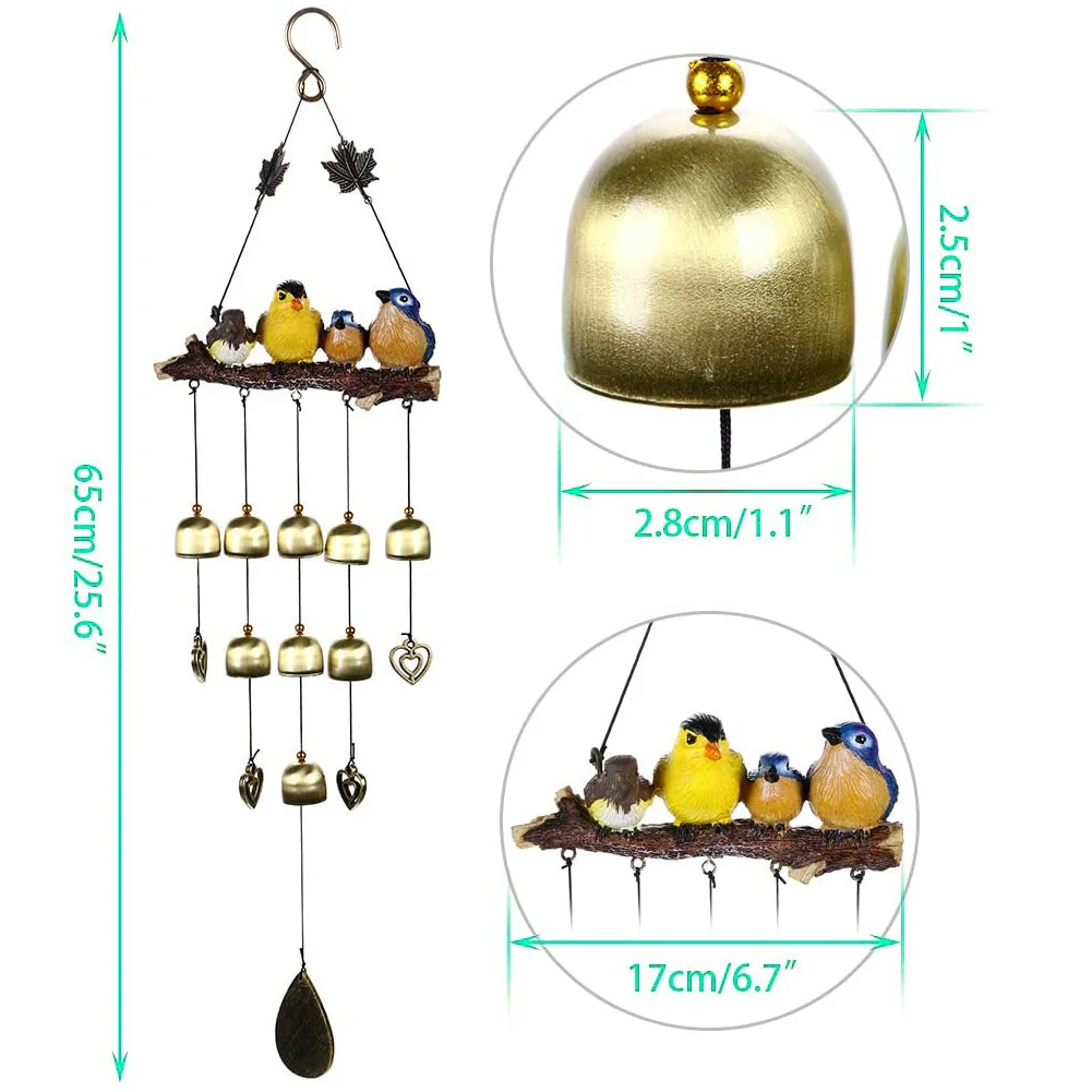 

Hanging Bell Wind Chime With Artificial Birds Ornament Decoration For Outdoor Indoor Garden Yard Home Bedroom Window Hanging Toy