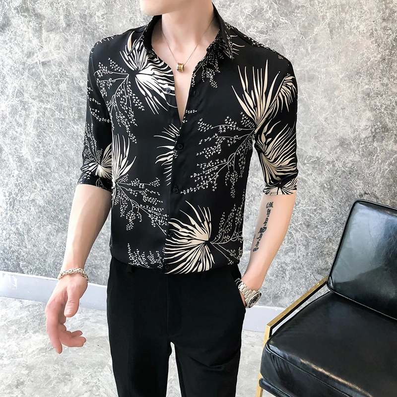 Casual Slim Fit Hawaiian Shirt Streetwear Social Nightclub Blusa High Quality Leaf Printing Men Summer Short Sleeve | Мужская одежда