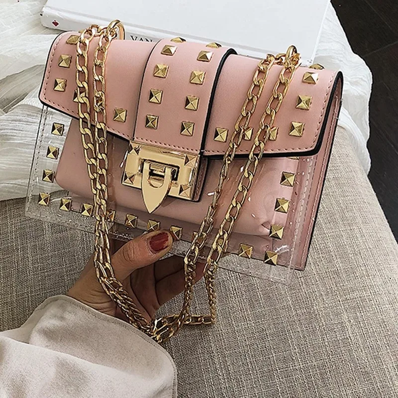 Crossbody Bags for Women New Fashion Rivet Transparent Chain Strap Female Shoulder Bag Casual Ladies' Messenger Flap bolsa | Багаж и