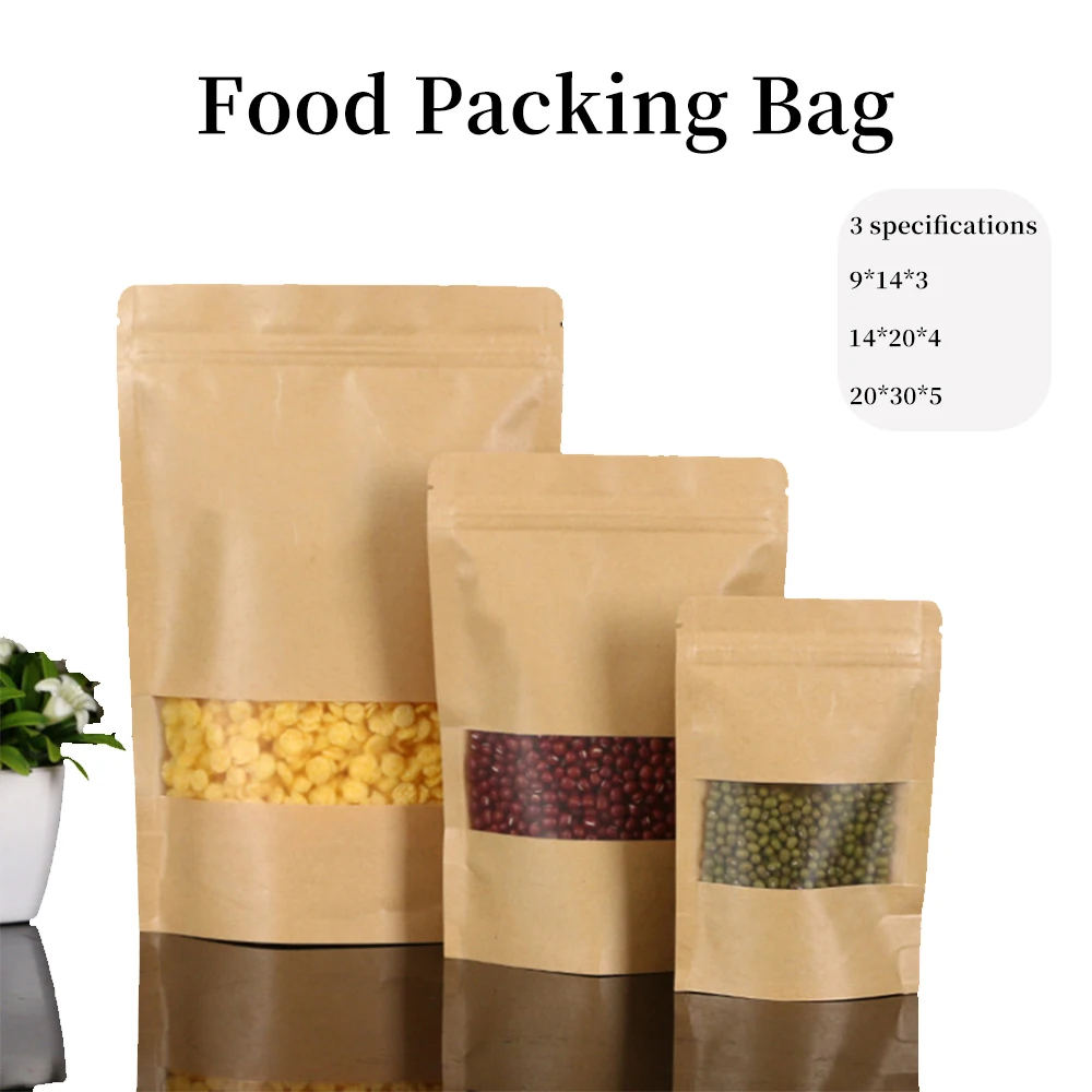 

50pcs Kraft Paper Bag Food Packaging Bag Container Baking Takeaway Pouch Food Tea Gift package Self Sealing Zipper Stand up Bags