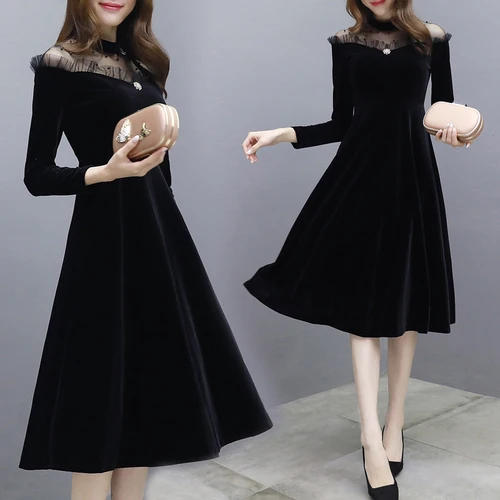 Золотое бархатное платье для женщин лоскутное кружевное осенние женские Платья