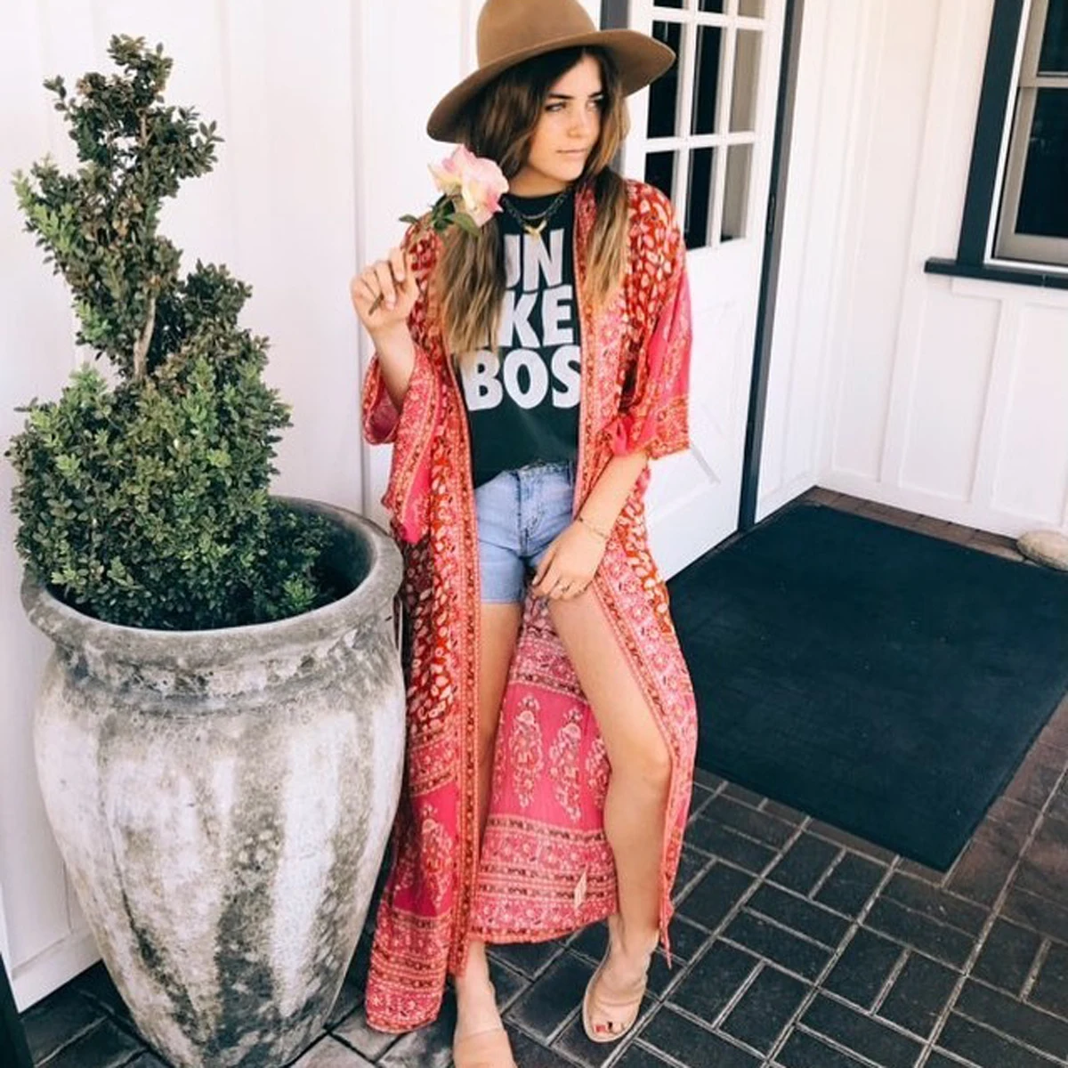 2019 Лето 3/4 рукав цветочный принт Макси кимоно Бохо кардиган &quotХиппи&quot куртка