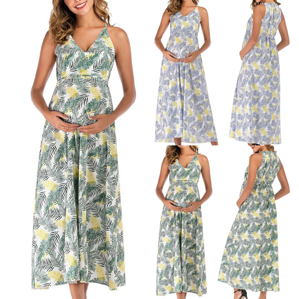Женское платье для беременных с глубоким v-образным вырезом и принтом длинное