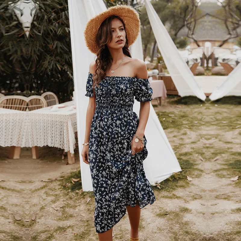 

Summer Bohemian Off The Shoulder Dress 2021 New Women Cotton Slash Neck Print Short Sleeve Dress
