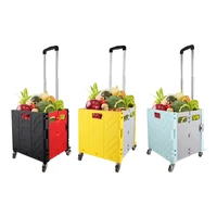 4 wheel folding shopping cart wheeled rolling crate multifunctional handcart folding trolley with telescopic handle and lid
