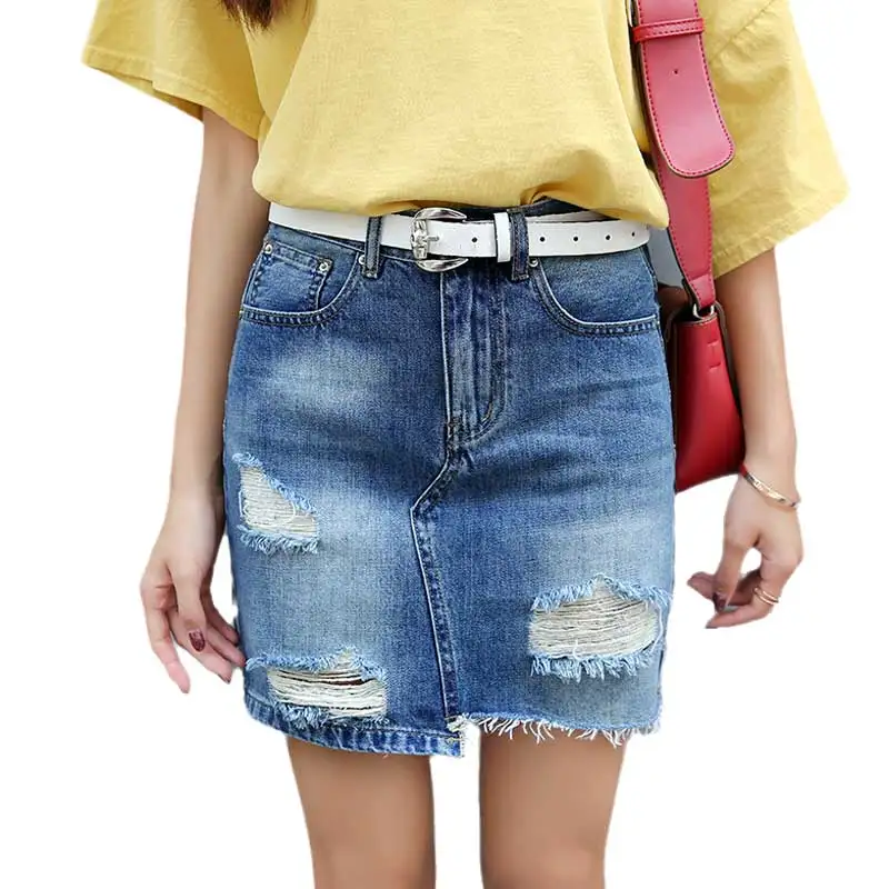 

High Quality Women Blue Ripped Casual Denim Skirt Summer New Bodycon Women Skirt Basic Pocket Jeans Mid Waist Skirt