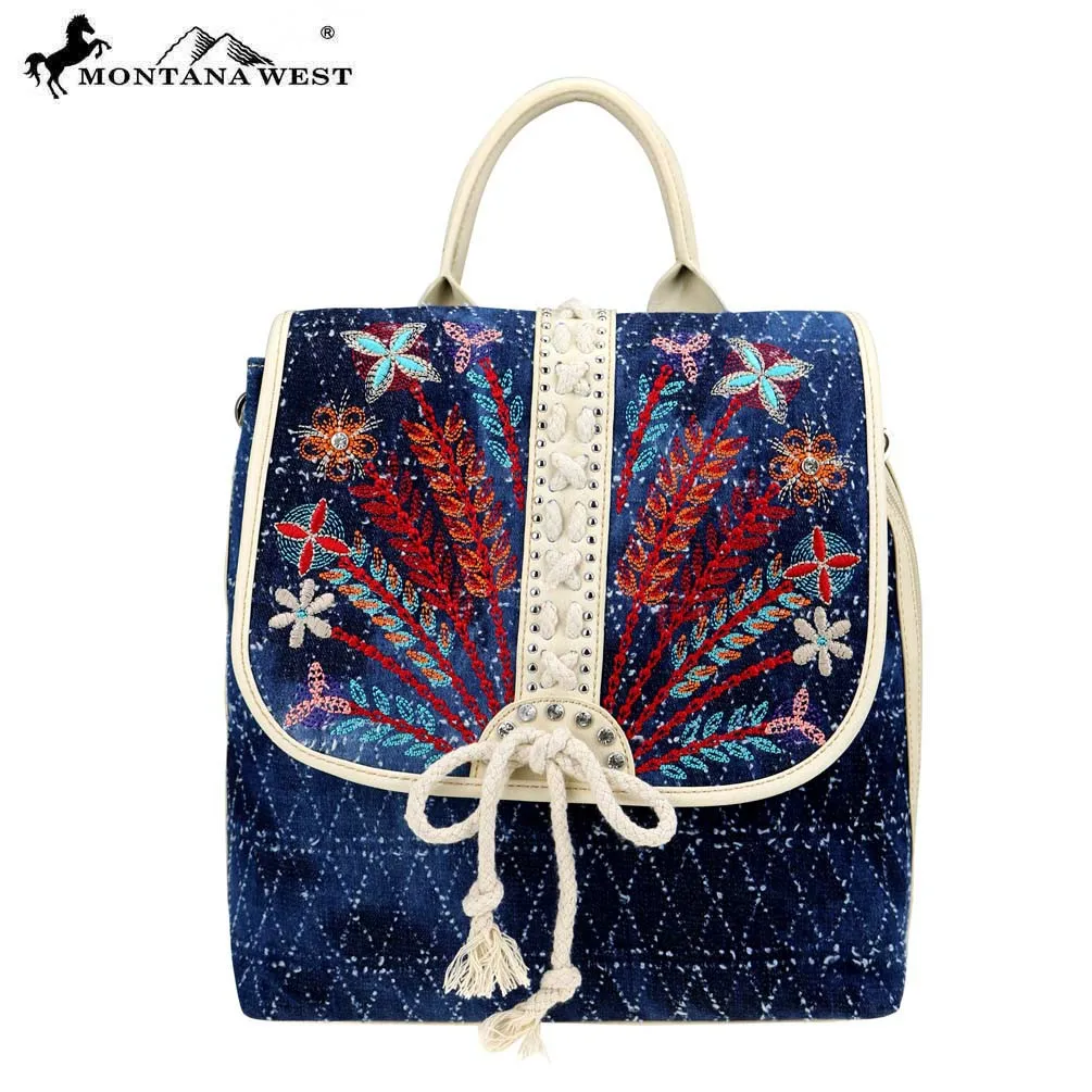 

Embroidered Collection Backpack PU Leather and Washed Denim Bag