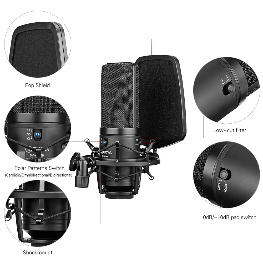 

BOYA BY-M1000 Condenser Microphone Podcast Mic Kit Omnidirectional/Bidirectional Double-layer Pop Filter for live Video Singer