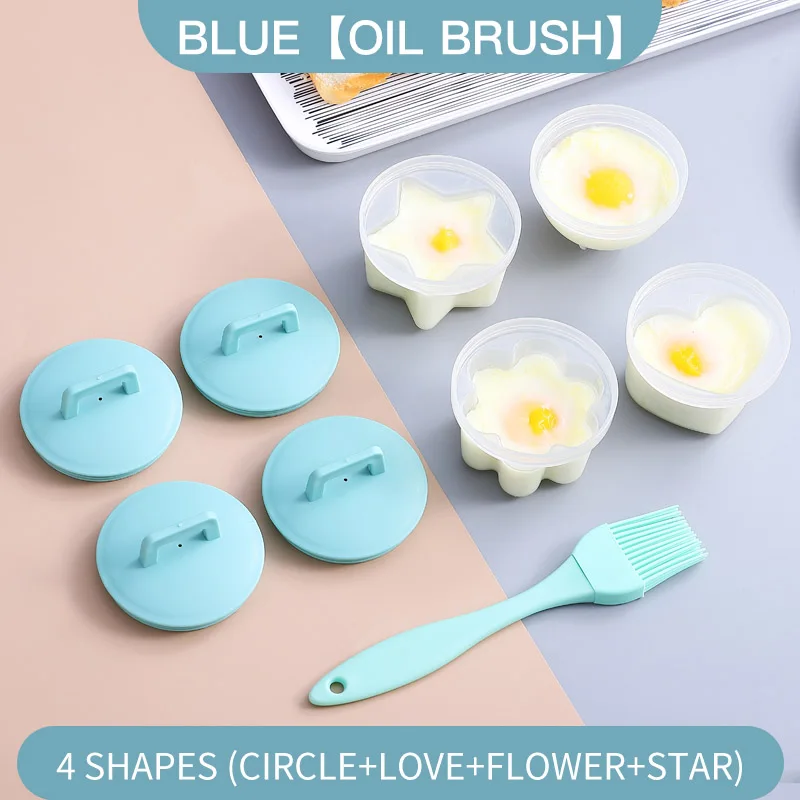 

4 Pcs/Set Cute Egg Boiler Plastic Egg Poacher Set Kitchen Egg Cooker Tools Egg Mold Form with Lid Brush Pancake Maker