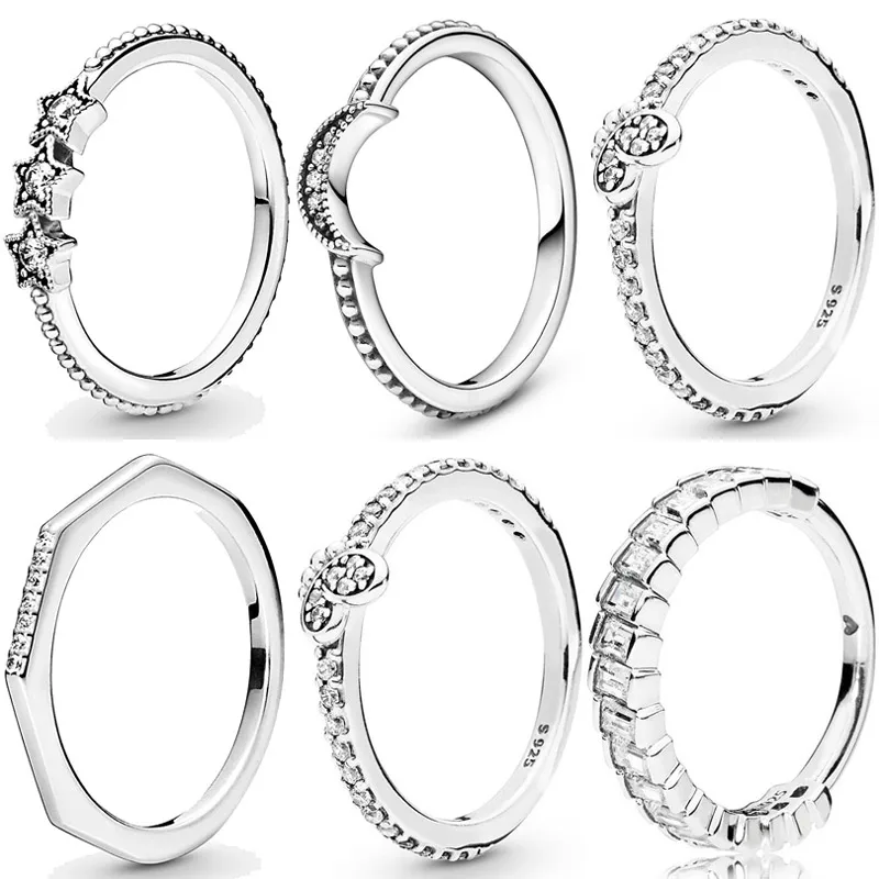 

Original 925 Sterling Silver Dazzling Butterfly Crescent Moon & Star Beaded Classic Wish Ring For Women Gift Popular Diy Jewelry