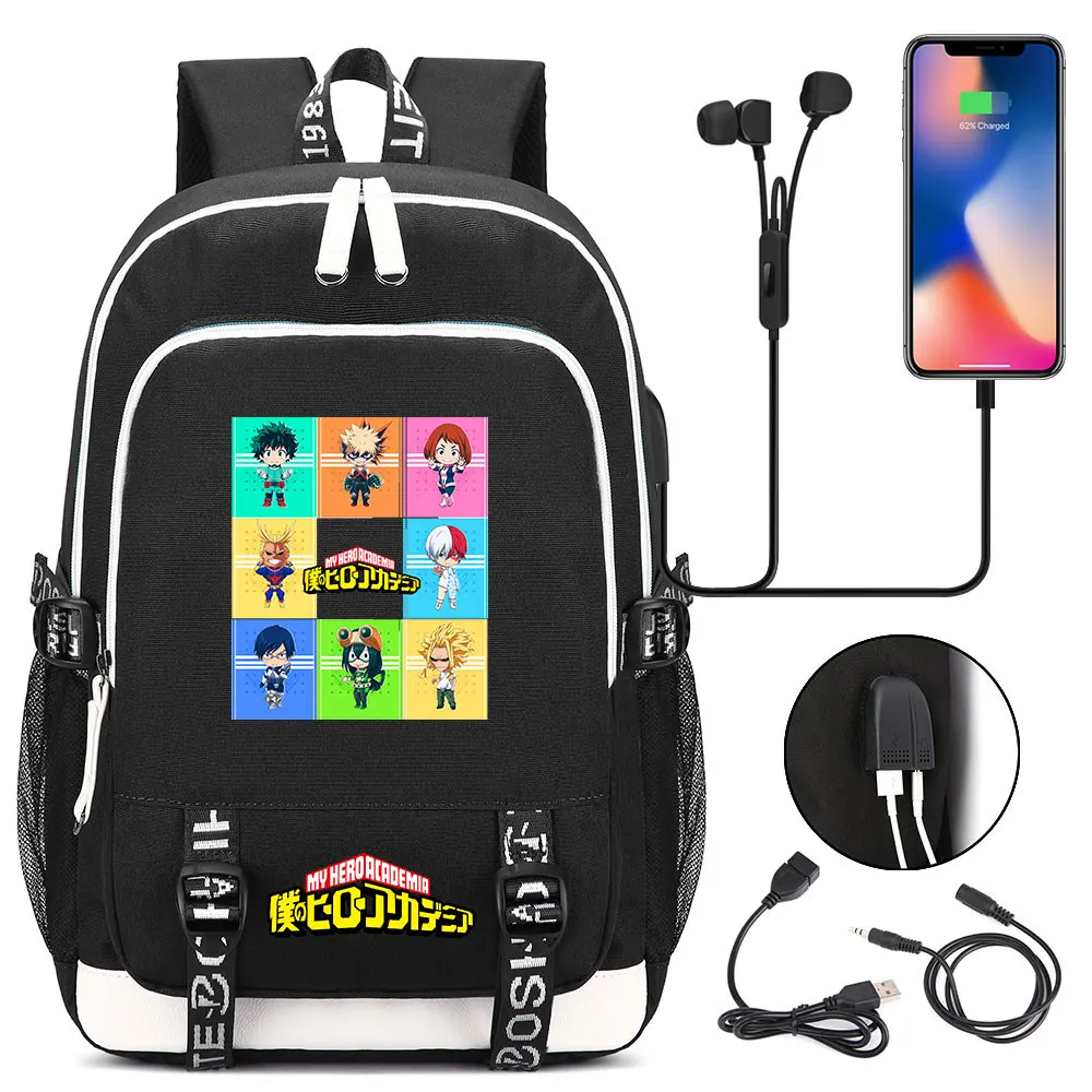 

New Cute Anime My Hero Academia Prints USB Boy Girl Kids Book School Bags Teenagers Student Women Men Laptop Travel Backpack
