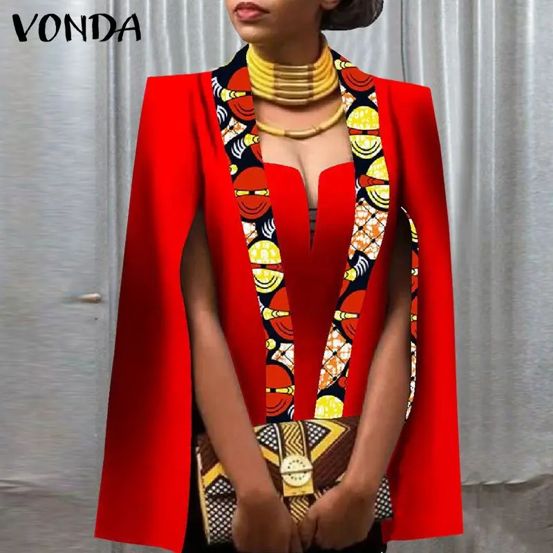 

VONDA Women Sexy Sleeveless Open Front Coats Vintage Printed Cape Ponchos Ladies Spring Autumn Cloak Outwear Solid Overcoats