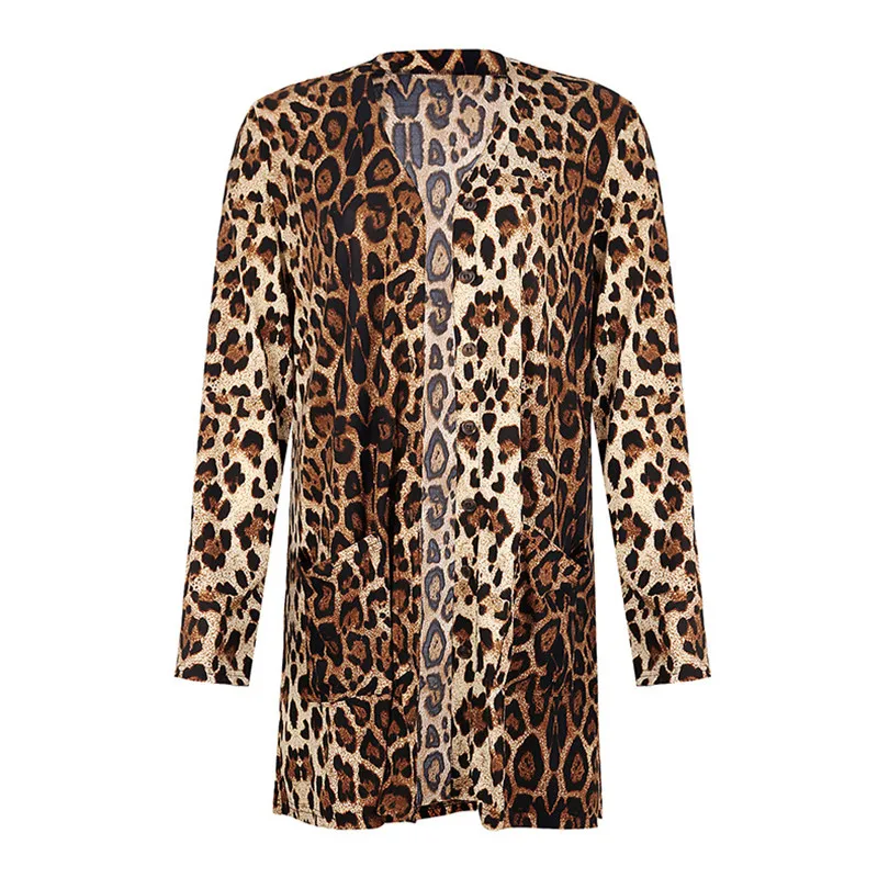 

Fashion Leopard Print Women Cardigan Jacket Autumn Casual V Neck Long Sleeve Loose Plus Size Button Up Mid Length Coats Cardigan