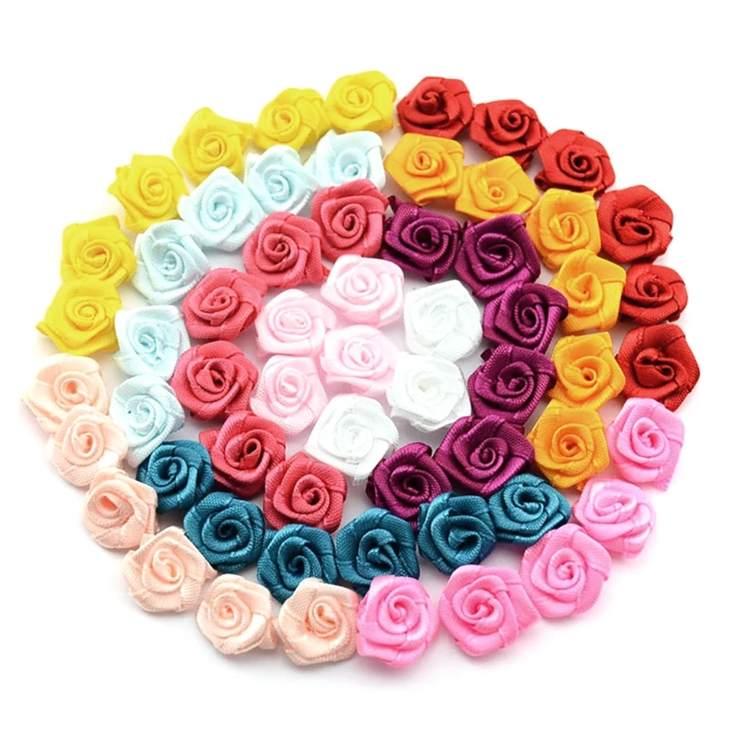 

100pcs Satin Ribbon Rose Flower Bow Appliques Wedding Decor Appliques Sewing DIY 40JC