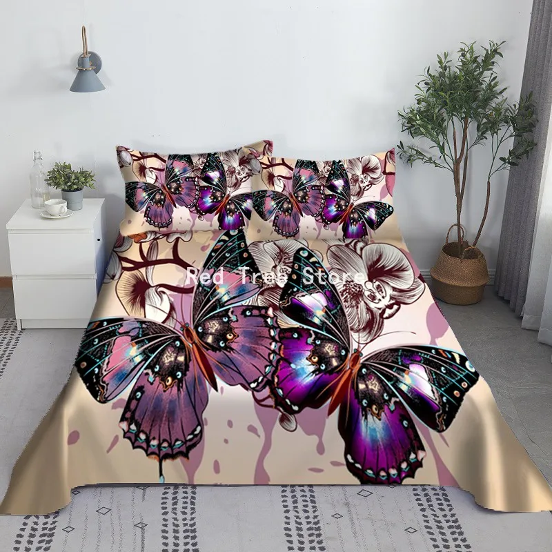 Modern Design Bed Flat Sheet Butterfly Printed Sheets Cover Students Dormitory Guest Room Florals Sleeping Bedding Set 2/3pcs